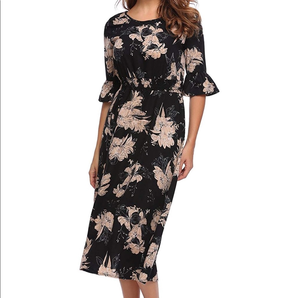 Black tan floral midi dress with bell sleeves XL